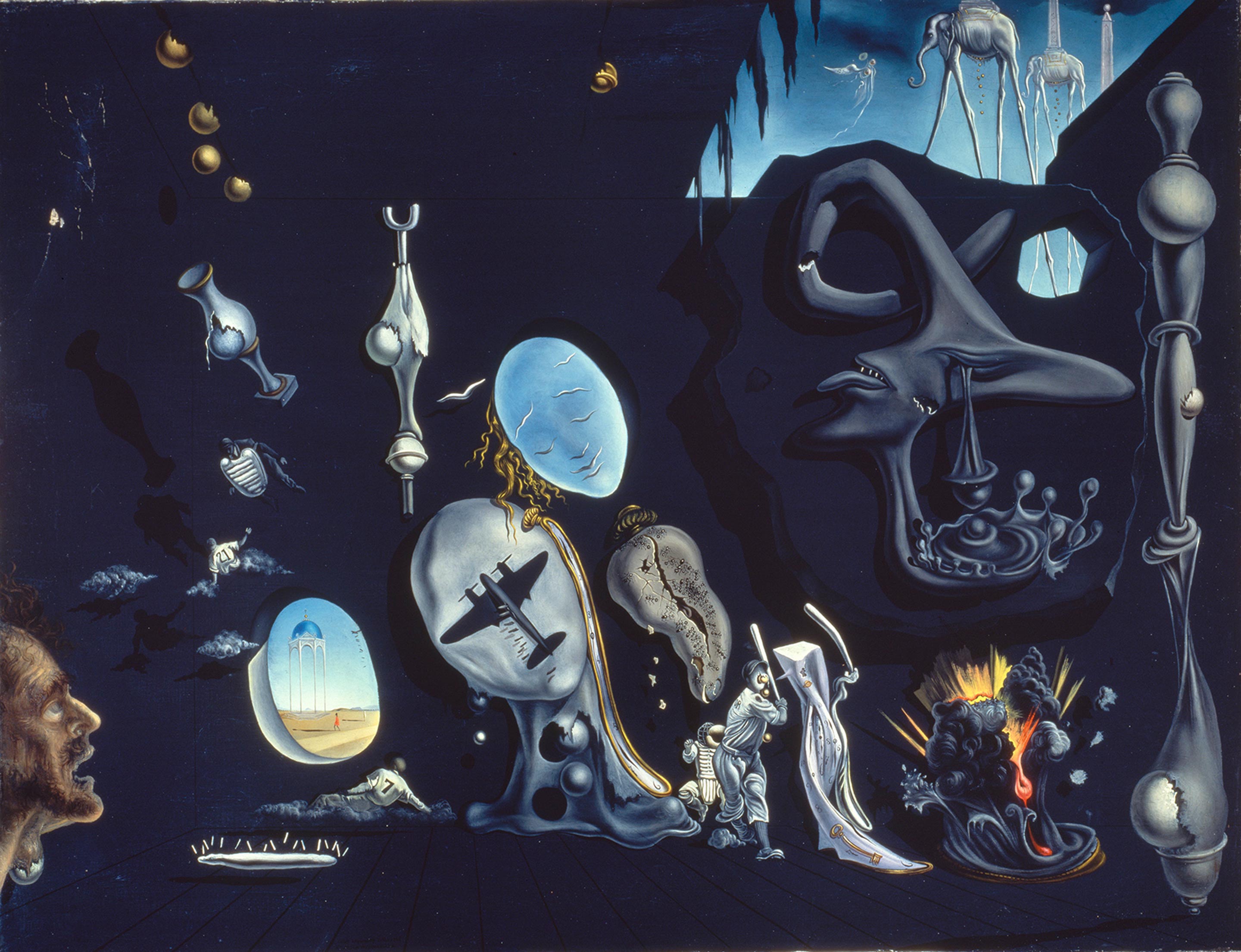 サルバドール・ダリ 《ウラニウムと原子による憂鬱な牧歌》 1945年、66.5×86.5cm、カンヴァスに油彩、国立ソフィア王妃芸術センター蔵 Collection of the Museo Nacional Centro de Arte Reina Sofía, Madrid © Salvador Dalí, Fundació Gala-Salvador Dalí, JASPAR, Japan, 2016.