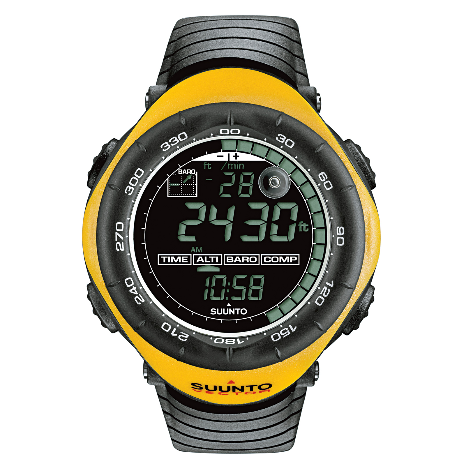 スントの代表的な製品の一つ「Suunto Vector」。その堅牢さから現在でも登山家から絶大な信頼を得ており「ヒマラヤを最も多く見てきたリストウォッチ」と言われている（2015年に販売終了）。